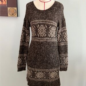 Peruvian Connection Brown and Cream Fair Isle Alpaca Long Sweater